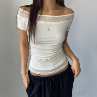 Color-block Layered Off-shoulder Shoulder Cutout Shirred Rayon Short Sleeve T-shirt