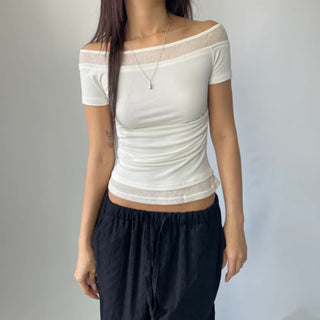 Color-block Layered Off-shoulder Shoulder Cutout Shirred Rayon Short Sleeve T-shirt