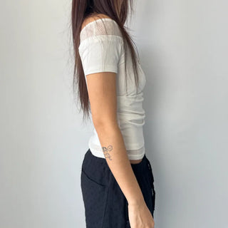 Color-block Layered Off-shoulder Shoulder Cutout Shirred Rayon Short Sleeve T-shirt