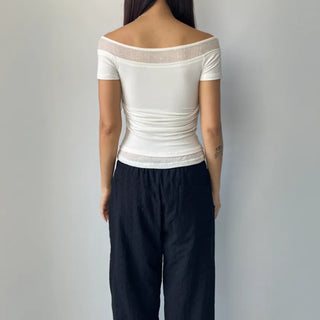 Color-block Layered Off-shoulder Shoulder Cutout Shirred Rayon Short Sleeve T-shirt