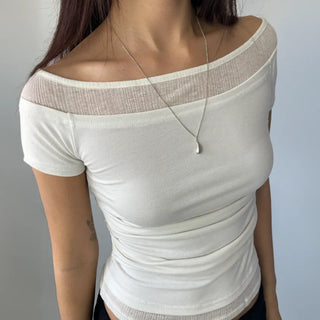 Color-block Layered Off-shoulder Shoulder Cutout Shirred Rayon Short Sleeve T-shirt
