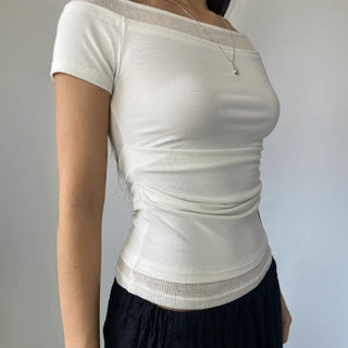 Color-block Layered Off-shoulder Shoulder Cutout Shirred Rayon Short Sleeve T-shirt