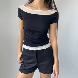 Color-block Layered Off-shoulder Shoulder Cutout Shirred Rayon Short Sleeve T-shirt