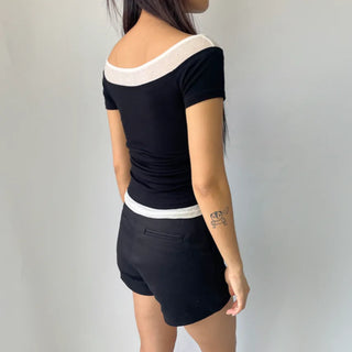 Color-block Layered Off-shoulder Shoulder Cutout Shirred Rayon Short Sleeve T-shirt