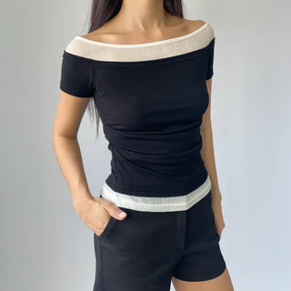 Color-block Layered Off-shoulder Shoulder Cutout Shirred Rayon Short Sleeve T-shirt
