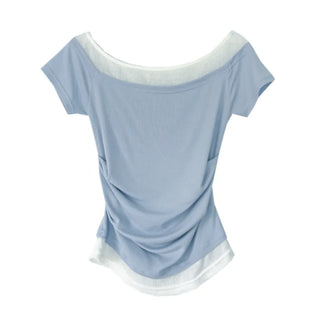 Color-block Layered Off-shoulder Shoulder Cutout Shirred Rayon Short Sleeve T-shirt