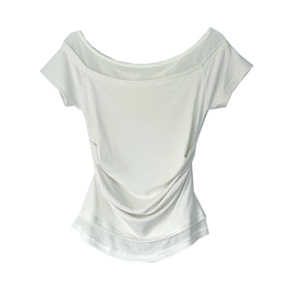 Color-block Layered Off-shoulder Shoulder Cutout Shirred Rayon Short Sleeve T-shirt