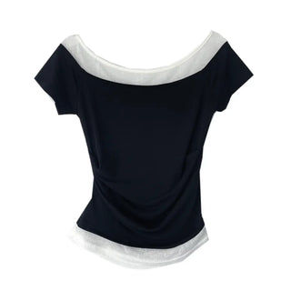 Color-block Layered Off-shoulder Shoulder Cutout Shirred Rayon Short Sleeve T-shirt