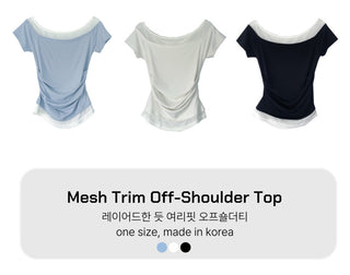Color-block Layered Off-shoulder Shoulder Cutout Shirred Rayon Short Sleeve T-shirt