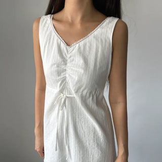 V-neck Lace Punching Frill Shirring Ribbon Mini Dress