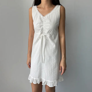 V-neck Lace Punching Frill Shirring Ribbon Mini Dress
