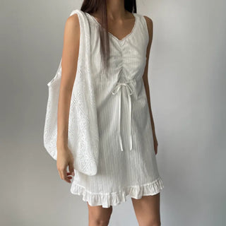 V-neck Lace Punching Frill Shirring Ribbon Mini Dress