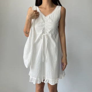 V-neck Lace Punching Frill Shirring Ribbon Mini Dress