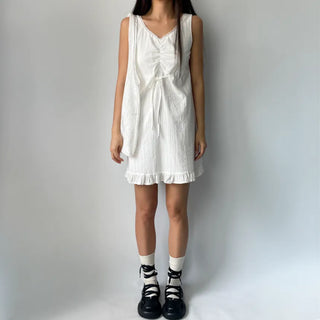 V-neck Lace Punching Frill Shirring Ribbon Mini Dress