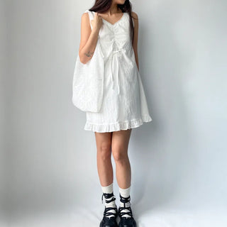 V-neck Lace Punching Frill Shirring Ribbon Mini Dress