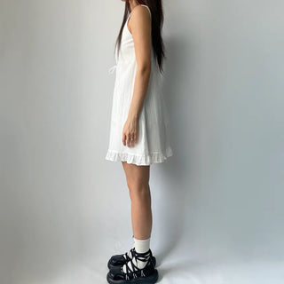 V-neck Lace Punching Frill Shirring Ribbon Mini Dress