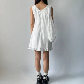 V-neck Lace Punching Frill Shirring Ribbon Mini Dress