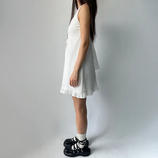 V-neck Lace Punching Frill Shirring Ribbon Mini Dress