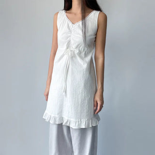 V-neck Lace Punching Frill Shirring Ribbon Mini Dress