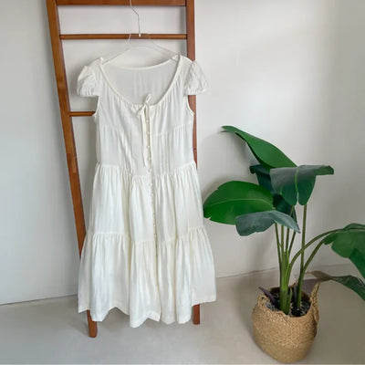 Tiered Long Lace Chiffon Ribbon Shirred Short Sleeve Summer Puff Sleeve Dress