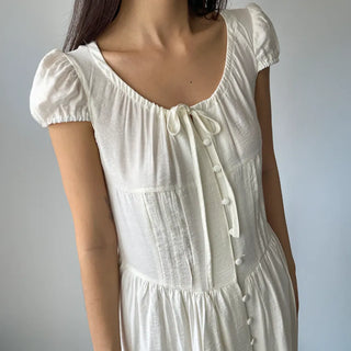 Tiered Long Lace Chiffon Ribbon Shirred Short Sleeve Summer Puff Sleeve Dress