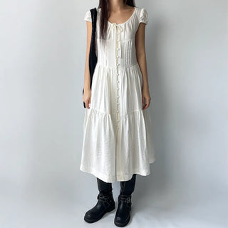 Tiered Long Lace Chiffon Ribbon Shirred Short Sleeve Summer Puff Sleeve Dress