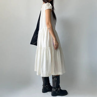 Tiered Long Lace Chiffon Ribbon Shirred Short Sleeve Summer Puff Sleeve Dress