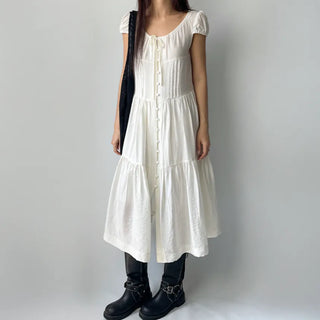 Tiered Long Lace Chiffon Ribbon Shirred Short Sleeve Summer Puff Sleeve Dress