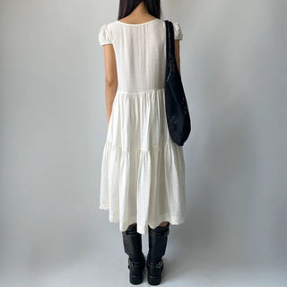 Tiered Long Lace Chiffon Ribbon Shirred Short Sleeve Summer Puff Sleeve Dress