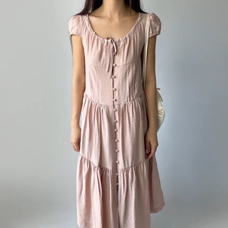 Tiered Long Lace Chiffon Ribbon Shirred Short Sleeve Summer Puff Sleeve Dress
