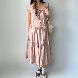 Tiered Long Lace Chiffon Ribbon Shirred Short Sleeve Summer Puff Sleeve Dress