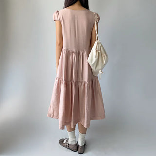 Tiered Long Lace Chiffon Ribbon Shirred Short Sleeve Summer Puff Sleeve Dress