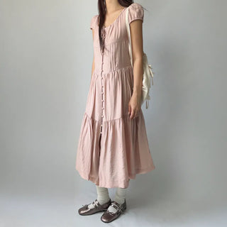 Tiered Long Lace Chiffon Ribbon Shirred Short Sleeve Summer Puff Sleeve Dress
