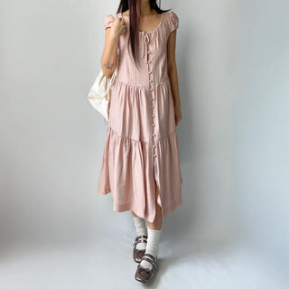 Tiered Long Lace Chiffon Ribbon Shirred Short Sleeve Summer Puff Sleeve Dress