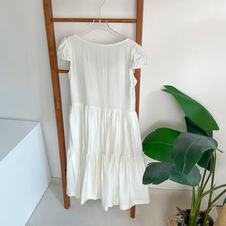 Tiered Long Lace Chiffon Ribbon Shirred Short Sleeve Summer Puff Sleeve Dress