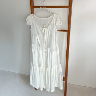 Tiered Long Lace Chiffon Ribbon Shirred Short Sleeve Summer Puff Sleeve Dress