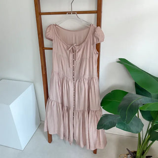 Tiered Long Lace Chiffon Ribbon Shirred Short Sleeve Summer Puff Sleeve Dress