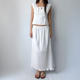 Lace Embroidered Punched Frill A-Line Cotton Elastic Waist Long Skirt