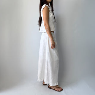 Lace Embroidered Punched Frill A-Line Cotton Elastic Waist Long Skirt