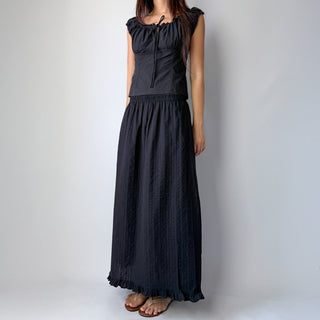 Lace Embroidered Punched Frill A-Line Cotton Elastic Waist Long Skirt
