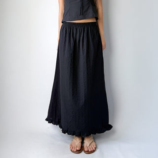 Lace Embroidered Punched Frill A-Line Cotton Elastic Waist Long Skirt
