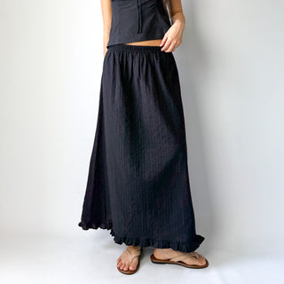 Lace Embroidered Punched Frill A-Line Cotton Elastic Waist Long Skirt