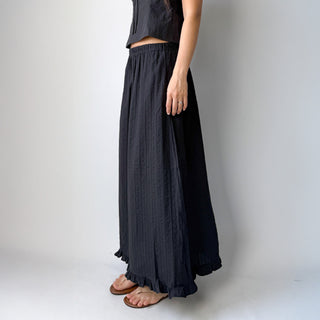 Lace Embroidered Punched Frill A-Line Cotton Elastic Waist Long Skirt