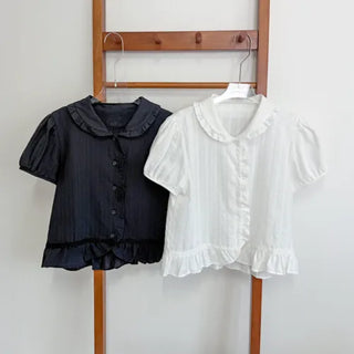 Jenny Puff Punched Lace Frill Short Sleeve Summer Blouse