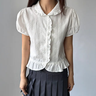 Jenny Puff Punched Lace Frill Short Sleeve Summer Blouse