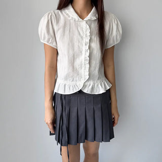 Jenny Puff Punched Lace Frill Short Sleeve Summer Blouse
