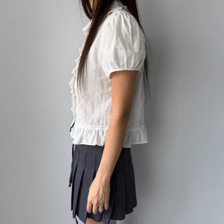 Jenny Puff Punched Lace Frill Short Sleeve Summer Blouse