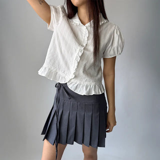 Jenny Puff Punched Lace Frill Short Sleeve Summer Blouse