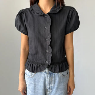 Jenny Puff Punched Lace Frill Short Sleeve Summer Blouse