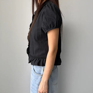 Jenny Puff Punched Lace Frill Short Sleeve Summer Blouse